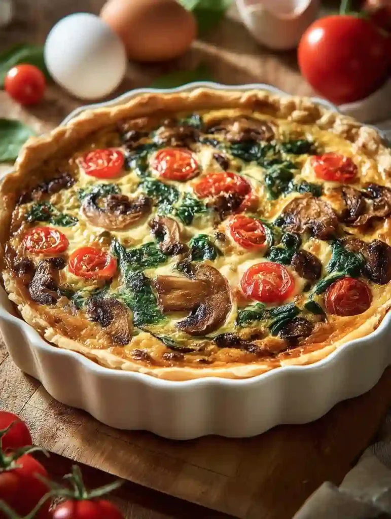 Vegetable Quiche with Spinach, Mushrooms, and Cherry Tomatoes
