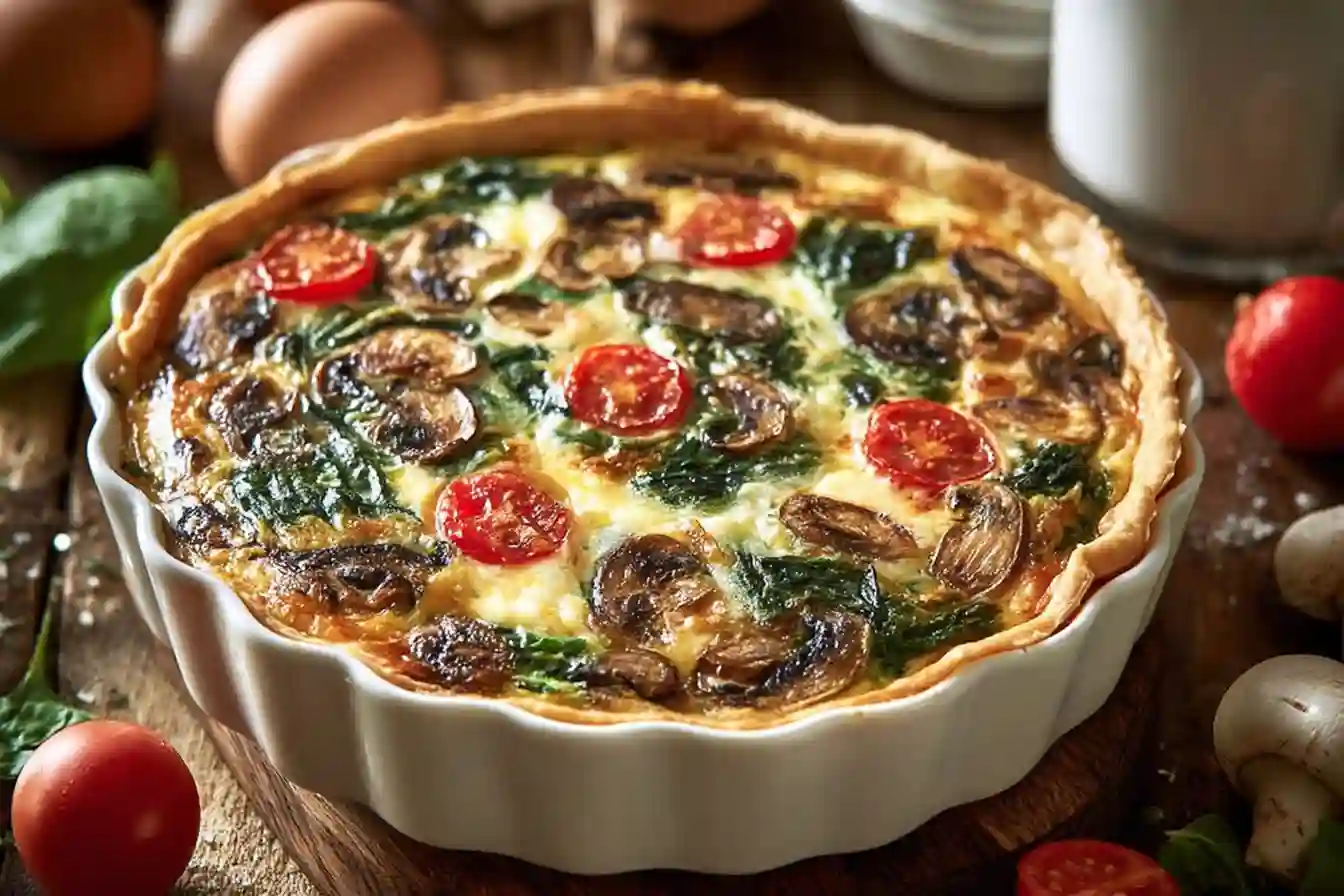 Vegetable Quiche with Spinach, Mushrooms, and Cherry Tomatoes