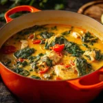 Bowl of Chicken Coconut Red Curry Soup with fresh herbs and spices