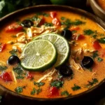 Bowl of delicious Chicken Enchilada Soup garnished with cheese and cilantro
