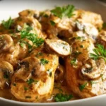 Creamy chicken and mushroom stroganoff served in a bowl