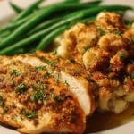 Crockpot Chicken Stuffing served in a bowl with herbs and spices