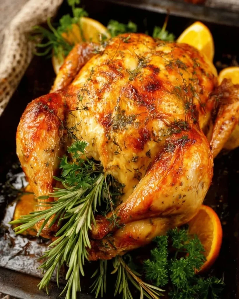 Juicy no brine turkey served on a festive table with herbs and spices.