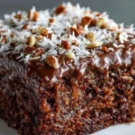 German Chocolate Sheet Cake topped with coconut and pecan frosting