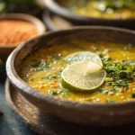 Bowl of Thai Red Curry Lentil Soup garnished with herbs and spices