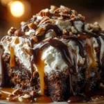 Delicious Turtle Chocolate Poke Cake topped with chocolate and caramel sauce