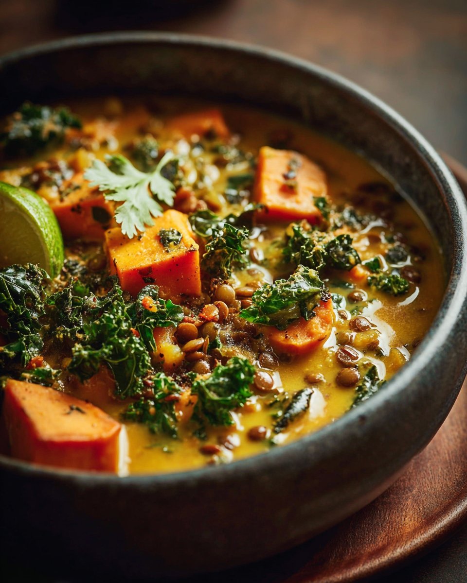 Ginger Sweet Potato and Coconut Milk Stew with Lentils and Kale