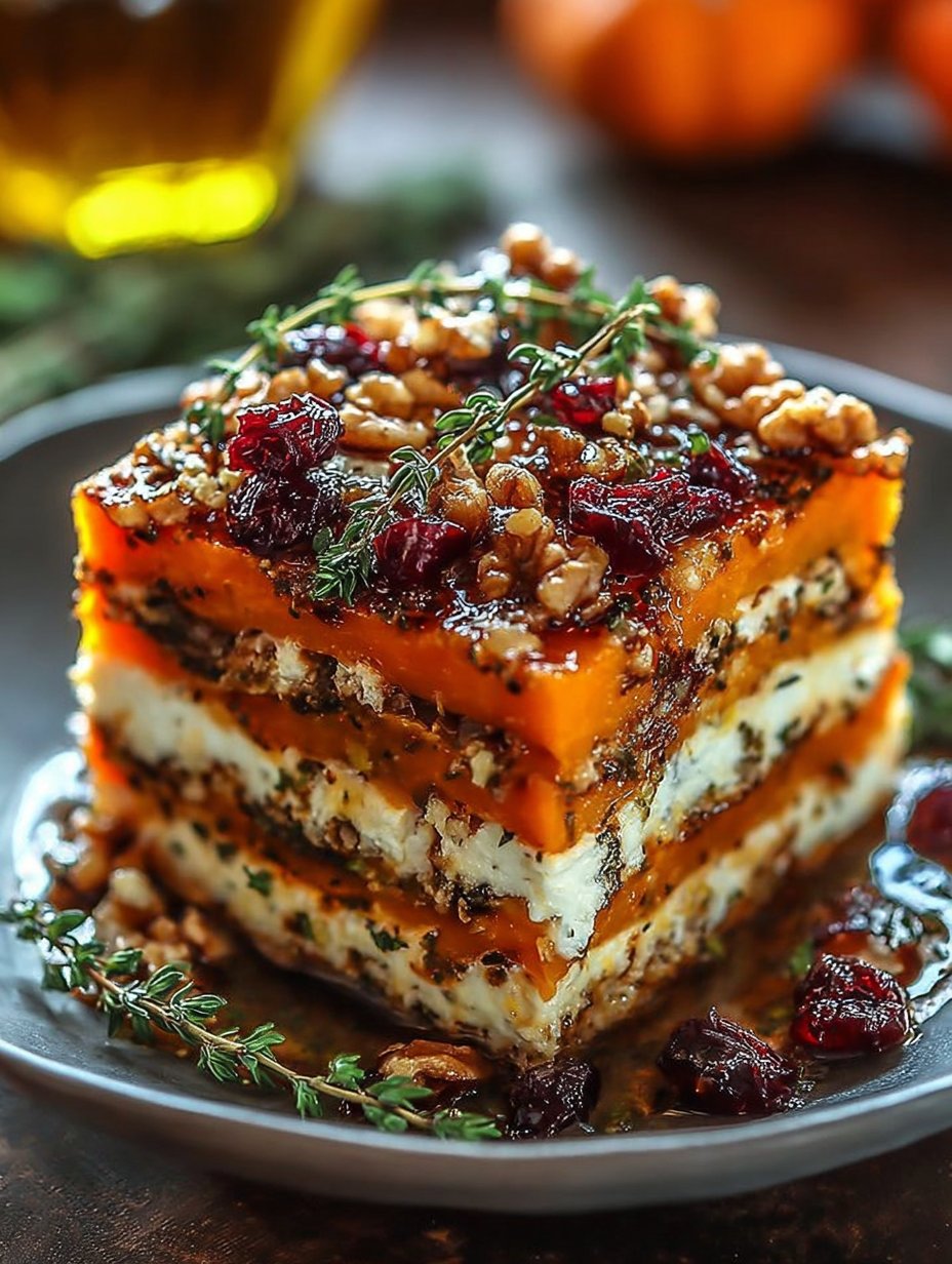 Layered Sweet Potato, Butternut Squash & Carrot Lasagna with Feta, Walnuts, and Cranberry-Honey Glaze