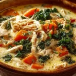 Bowl of anti-inflammatory creamy chicken soup with herbs and vegetables
