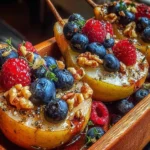 Baked pears topped with berries, honey, walnuts, and blue cheese, served in a rustic dish.