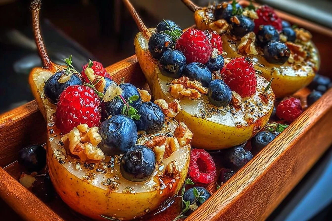 Baked Pears with Berries, Honey, Walnuts & Blue Cheese