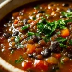 Bowl of black bean lentil soup garnished with cilantro and lime