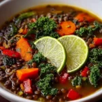 Delicious black bean lentil soup served in a bowl, garnished with herbs.