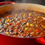 A bowl of delicious black bean soup garnished with cilantro.