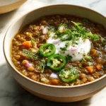 Cabbage and lentil detox soup in a bowl with fresh herbs