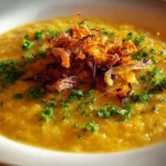Bowl of caramelized onion red lentil soup garnished with herbs.