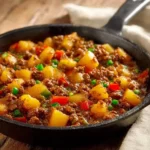 Cheesy Hamburger Hash served in a skillet with melted cheese and ground beef