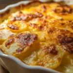 Cheesy potato casserole with sliced potatoes in a baking dish