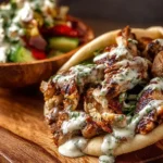 Delicious chicken shawarma served with creamy garlic sauce on a plate