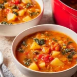 Bowl of chunky lentil vegetable soup filled with fresh vegetables and lentils