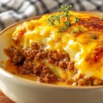 Classic beef casserole with potatoes served in a baking dish