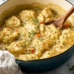Bowl of classic chicken and dumplings served with herbs and vegetables.