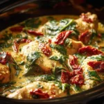 Delicious Classic Crockpot Tuscan Chicken with herbs and vegetables.
