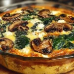 Classic spinach feta crustless mushroom quiche served on a plate