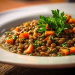 Bowl of Coconut Lentil Stew with vibrant vegetables and coconut milk