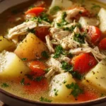Bowl of comforting chicken potato soup with vegetables and herbs
