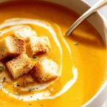 Bowl of creamy carrot and ginger soup garnished with fresh herbs.