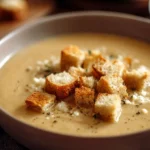 Bowl of creamy cauliflower soup garnished with herbs