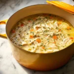 Delicious creamy chicken and rice soup in a bowl with fresh herbs.