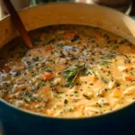 Bowl of creamy chicken wild rice soup garnished with herbs