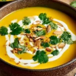 Bowl of creamy curried cauliflower soup topped with fresh herbs
