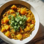 Creamy potato and lentil soup in a bowl, garnished with herbs