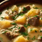 Creamy steak and potato soup served in a bowl