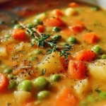 A bowl of creamy vegetable soup with colorful vegetables, garnished with herbs.