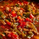Bowl of Easy Stuffed Pepper Soup garnished with herbs and spices