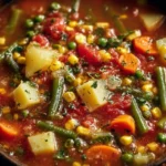 Bowl of easy vegetable soup with colorful vegetables and herbs