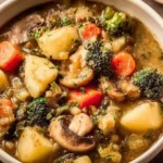 Easy vegetable stew with lentils in a bowl, garnished with fresh herbs