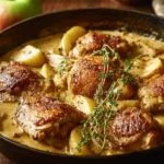 French chicken casserole with sausage and apples served in a baking dish.