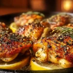 Garlic Herb Chicken Thighs garnished with fresh herbs on a plate