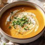 Hearty Ginger Sweet Potato Soup in a bowl garnished with herbs