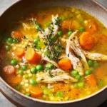 Bowl of Ginger Turmeric Chicken Soup garnished with fresh herbs