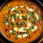 Creamy Harissa Lentil Soup with Sweet Potatoes and Coconut in a bowl