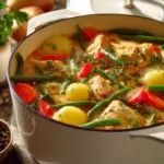 Bowl of hearty chicken and vegetable stew garnished with herbs