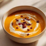 Bowl of homemade carrot sweet potato soup garnished with herbs.