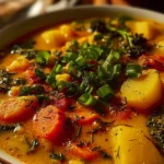 Bowl of one pot creamy vegetable soup with colorful veggies