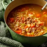 Bowl of delicious Italian sausage and cabbage soup with herbs and spices